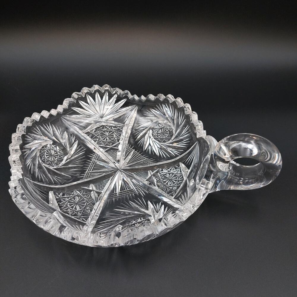 Antique ABP Cut Glass Handled Nappy Bowl Sawtooth Hobstar Pinwheel Crystal Dish